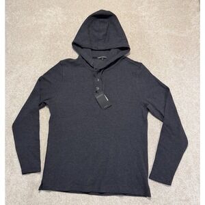 Robert Barakett Pullover Hoodie Men LARGE Black Cotton Blend Waffle Knit Henley